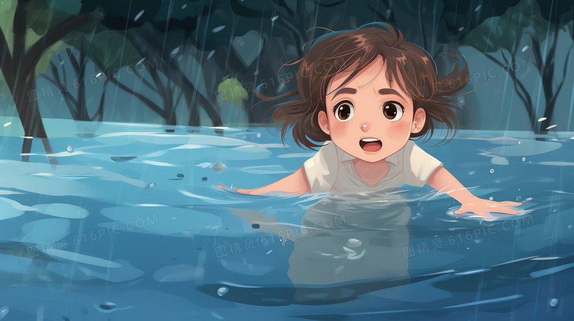 卡通风可爱的小女孩在洪水中等待救援