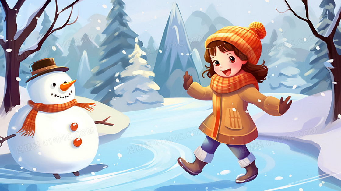 卡通风小女孩在冬季的雪地里开心的玩耍