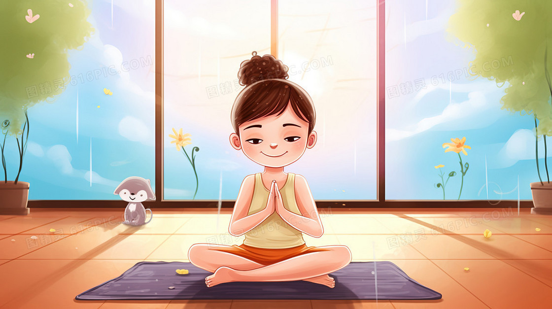 卡通风Q版可爱的小女孩在室内做瑜伽
