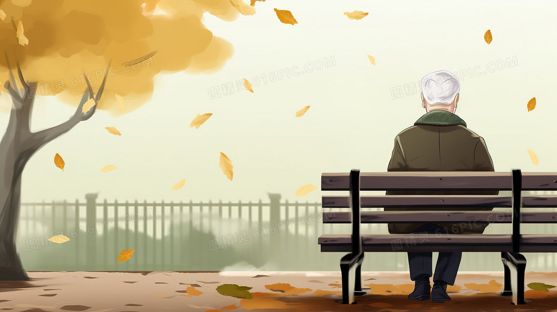 卡通风秋季在公园长椅上的老人