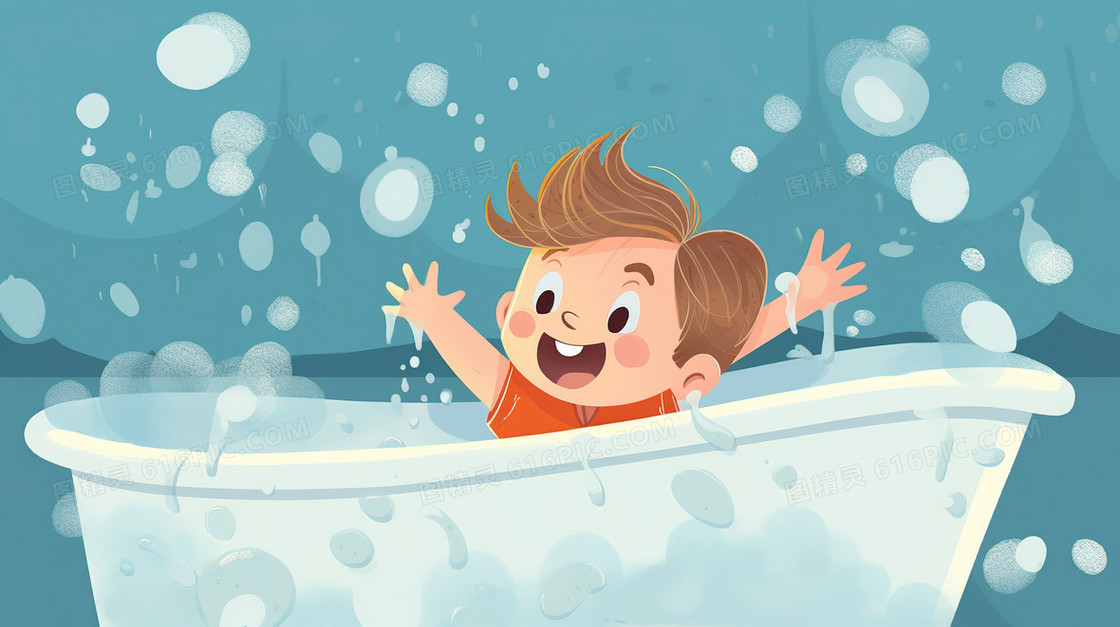 卡通风在泡澡的男孩