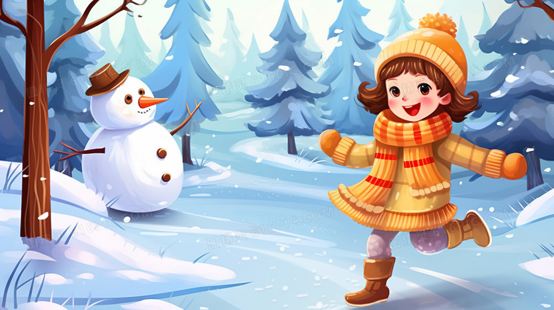 卡通风小女孩在冬季的雪地里开心的玩耍