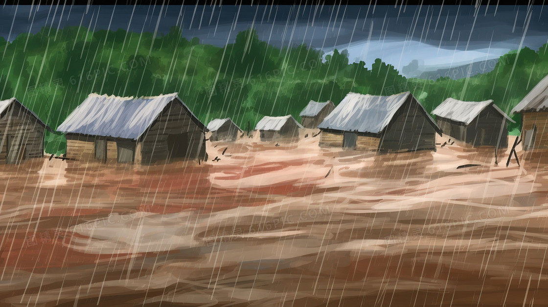 卡通洪水中被淹没的房屋