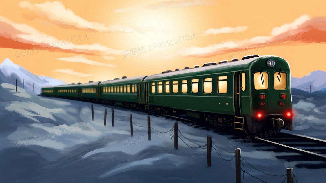 唯美雪景下行驶的火车美景