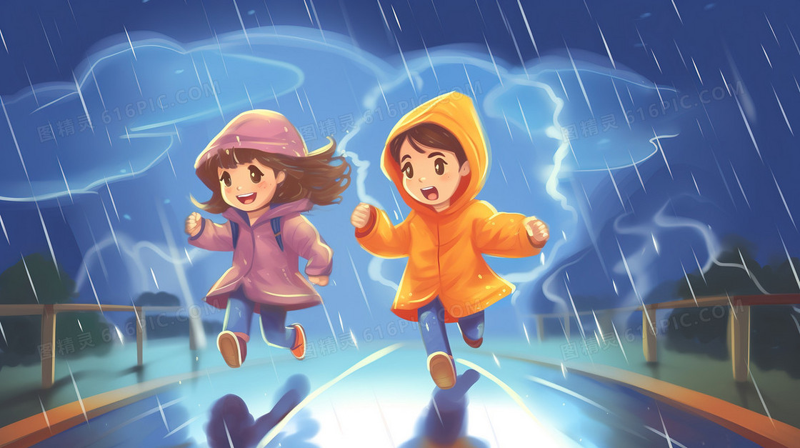下雨天行走在路上的小朋友