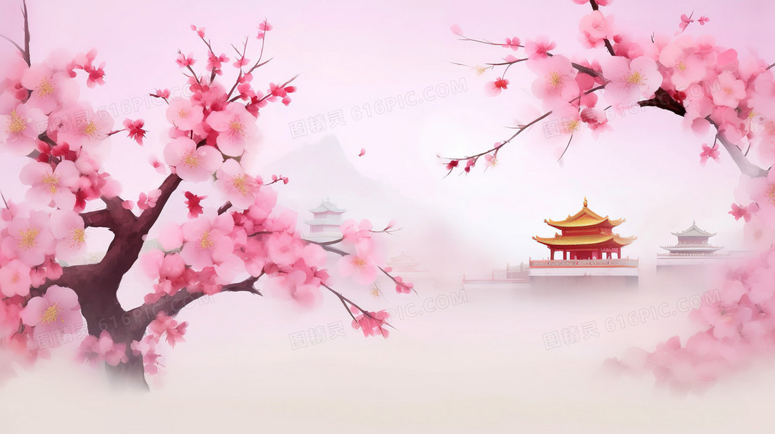 中国风春季唯美城楼前的樱花