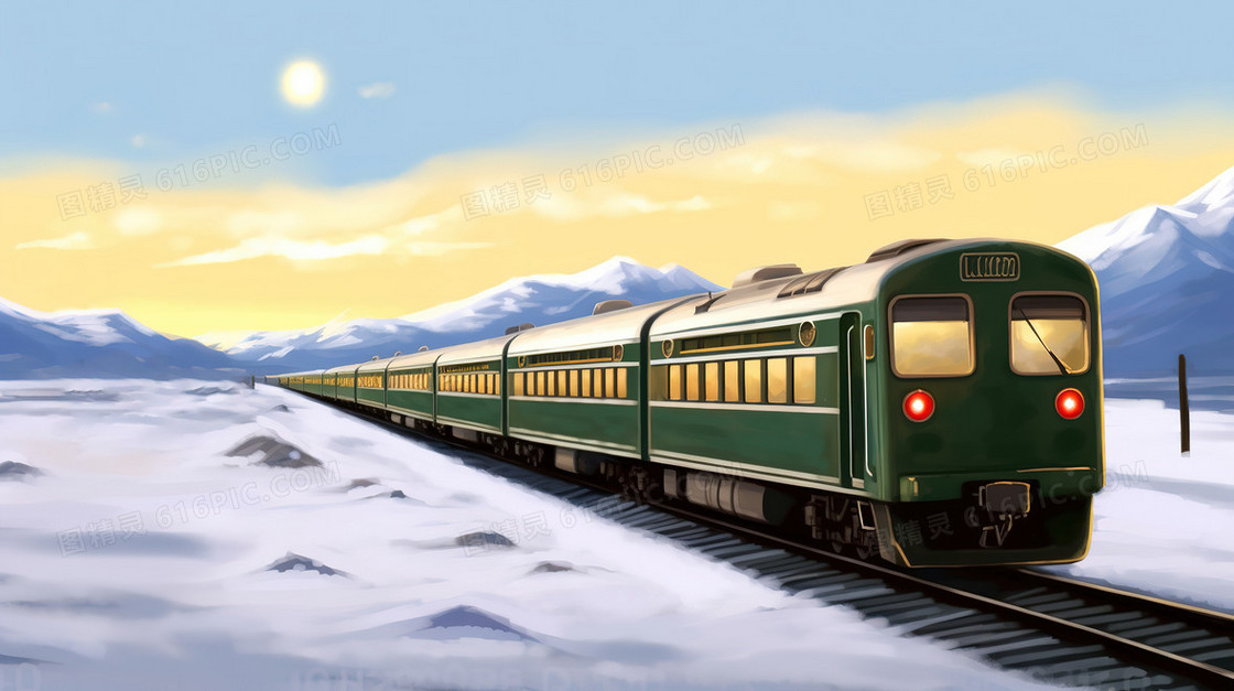 唯美雪景下行驶的火车美景