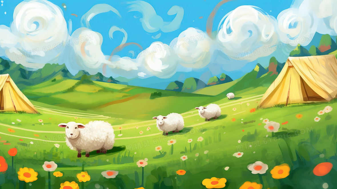羊　油彩画 油画风浪漫的草原羊群景色背景图片下载_2912x1632像素JPG格式_编号