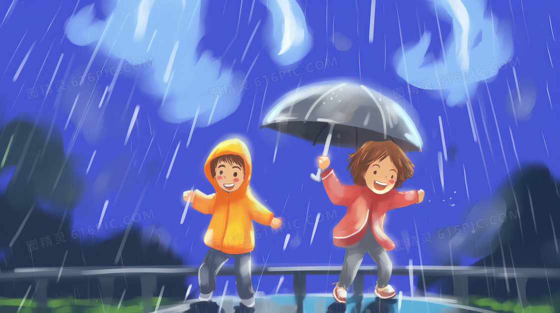 下雨天行走在路上的小朋友