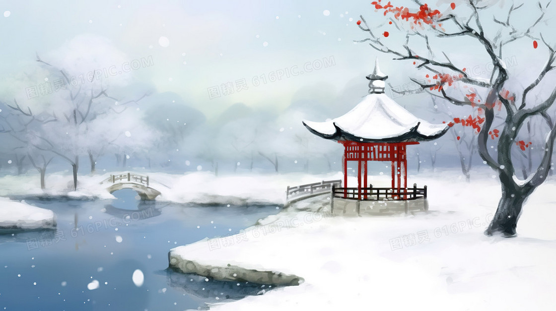 中国风冬季花园里的古典亭子和雪景