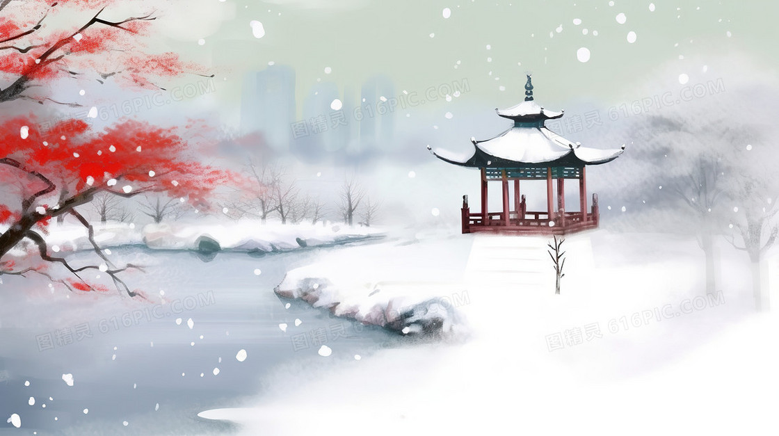 中国风冬季花园里的古典亭子和雪景