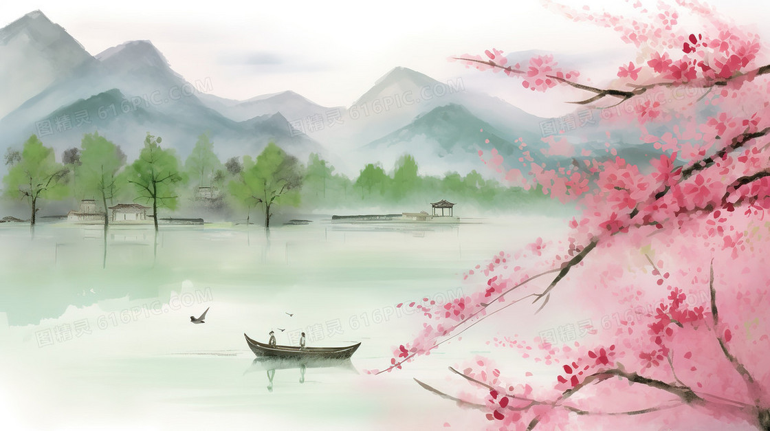 中国风唯美春天湖景和远山