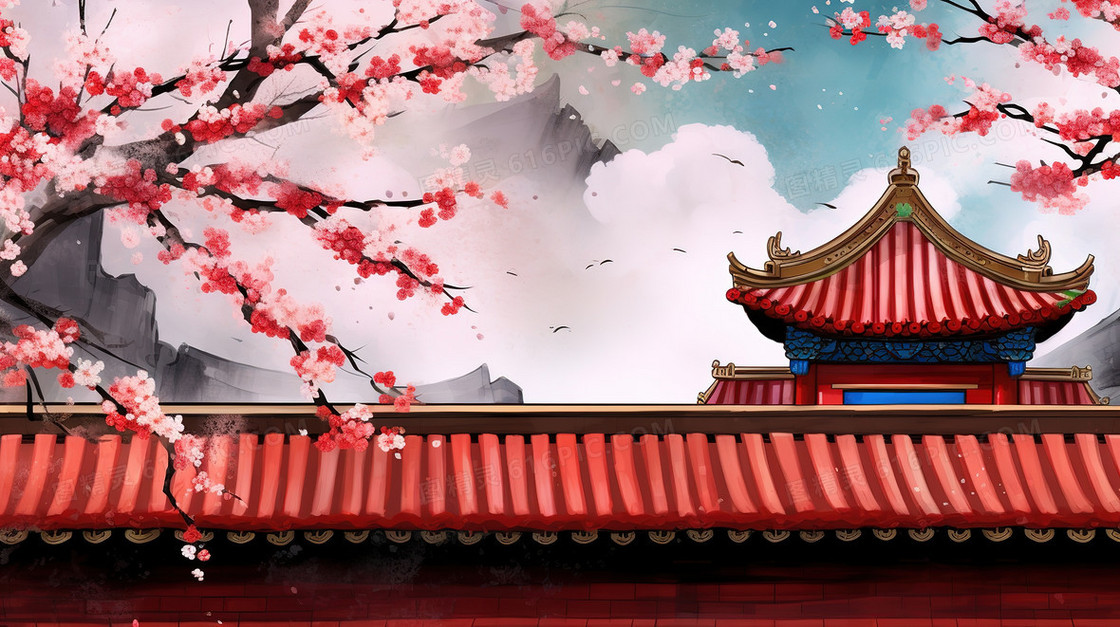 中国风古典城墙外的樱花