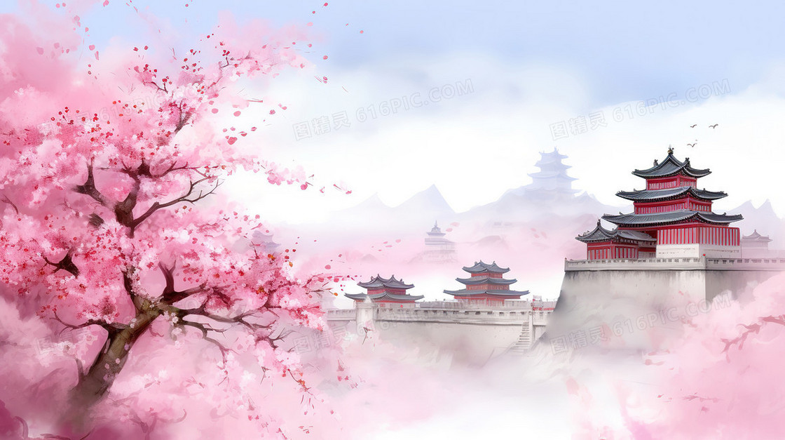 中国风春季唯美城楼前的樱花