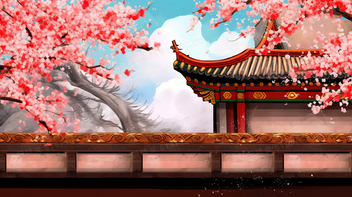 中国风古典城墙外的樱花