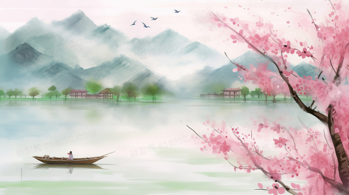 中国风唯美春天湖景和远山