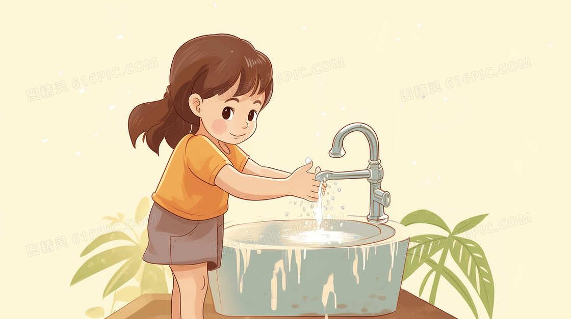 彩色卡通洗手的小女孩插画