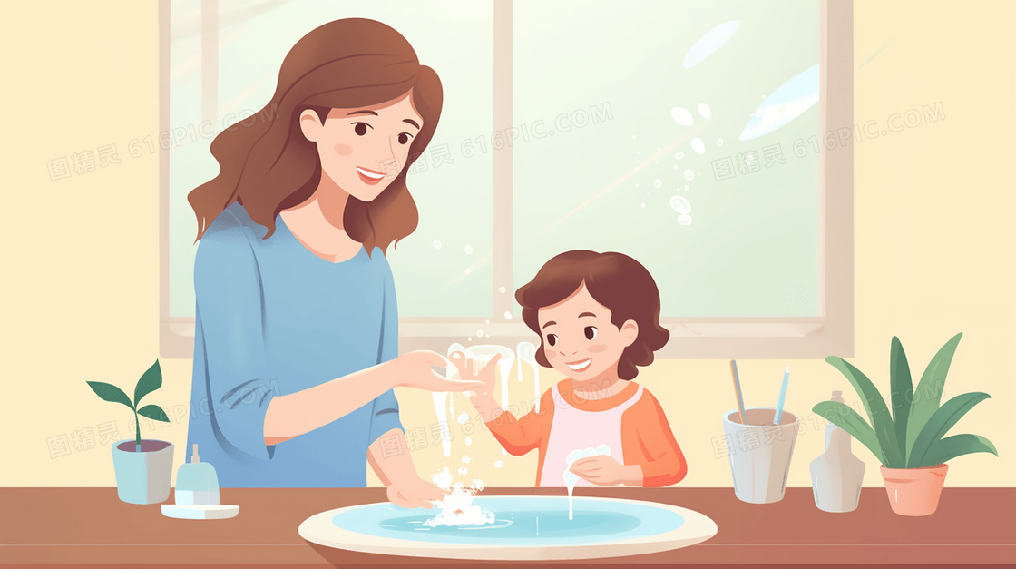 彩色妈妈教女孩洗手插画
