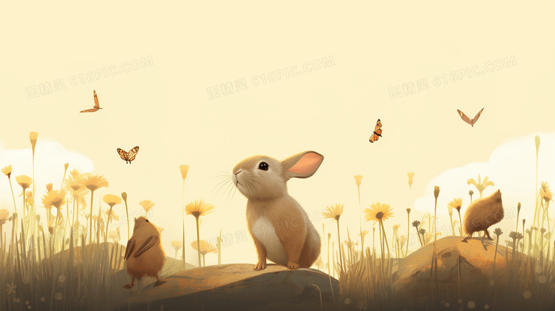 彩色可爱卡通森林中的小兔子小动物插画