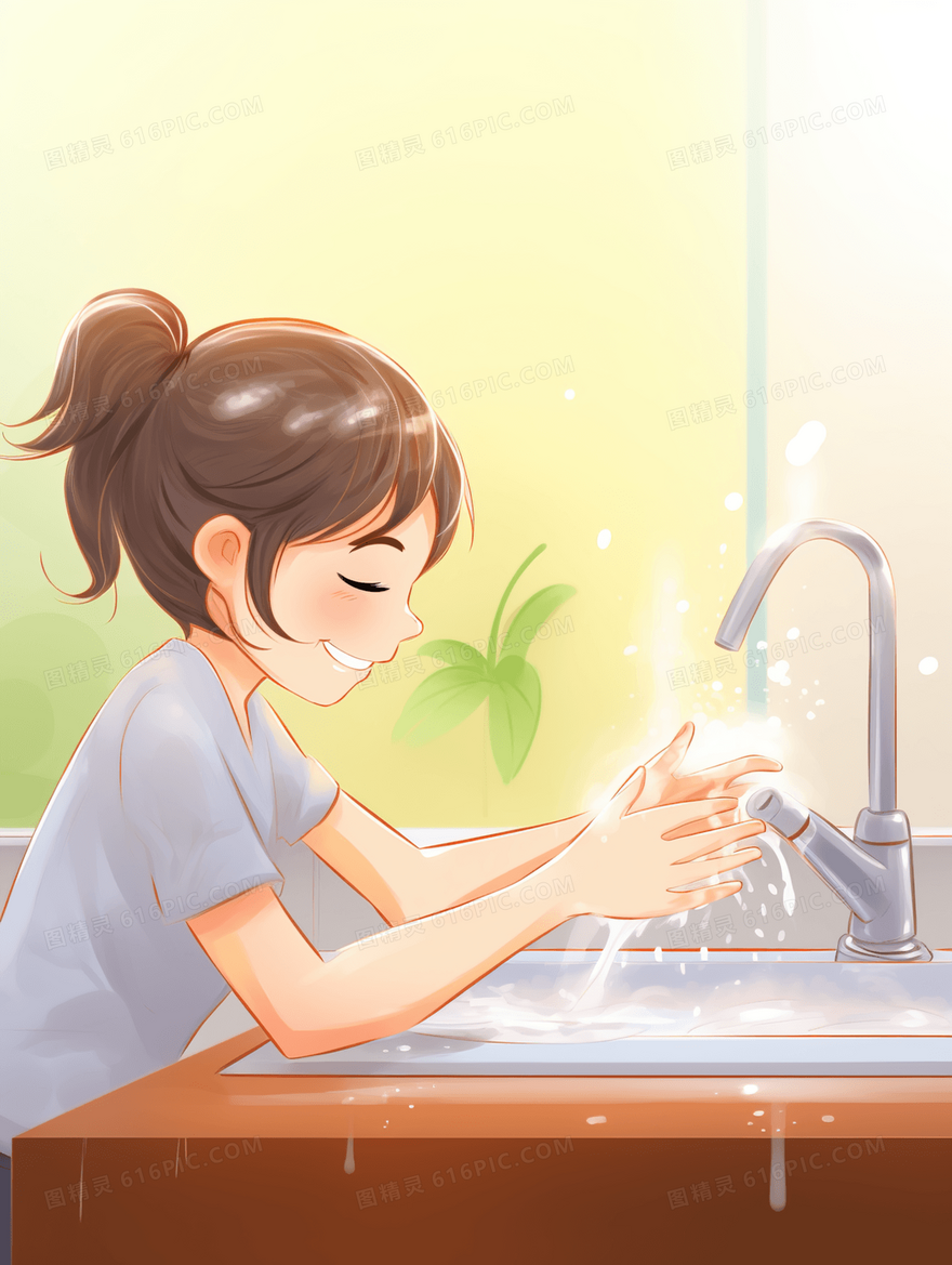 彩色卡通洗手的小女孩插画