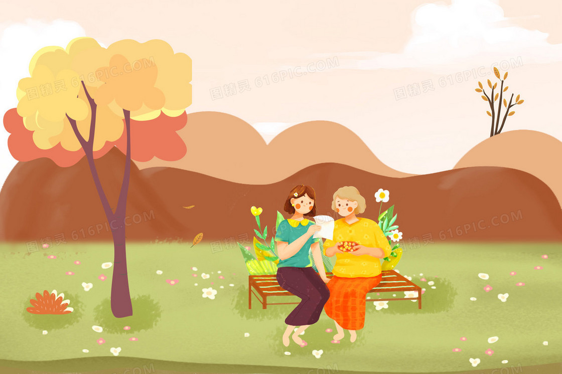 重阳节奶奶和孙女坐在长椅上读信插画
