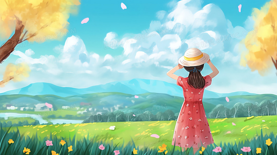 春天女孩外出看山野风景插画