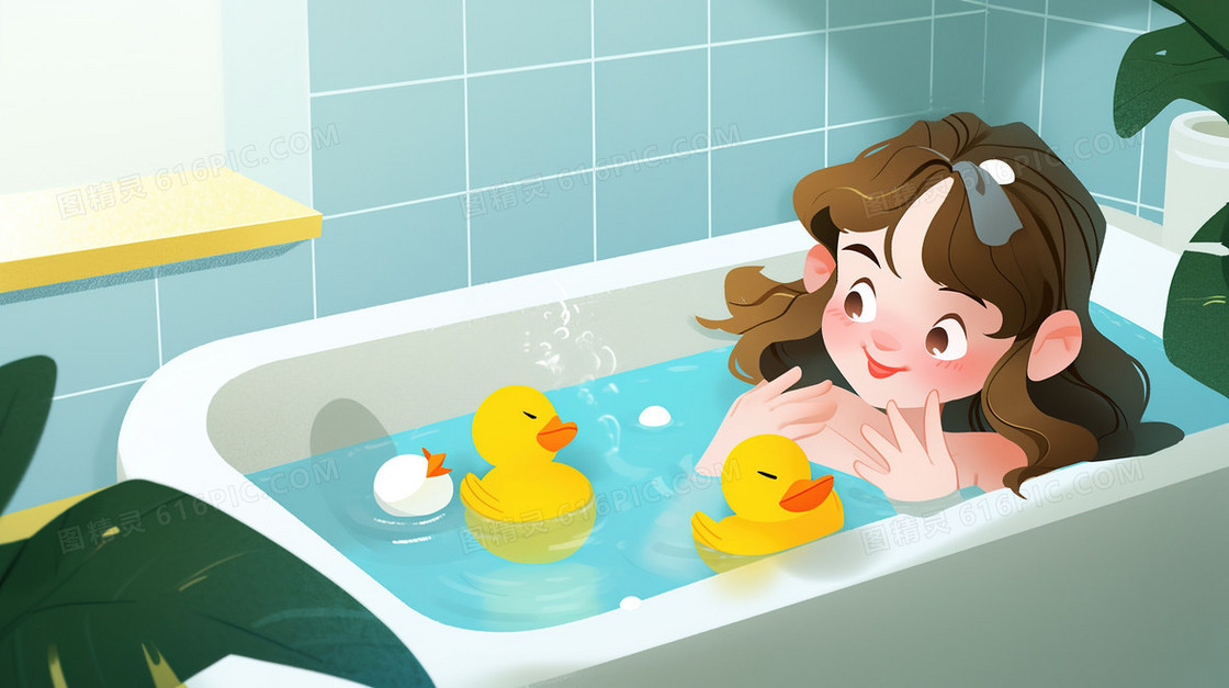夏天可爱的小女孩在洗澡创意插画