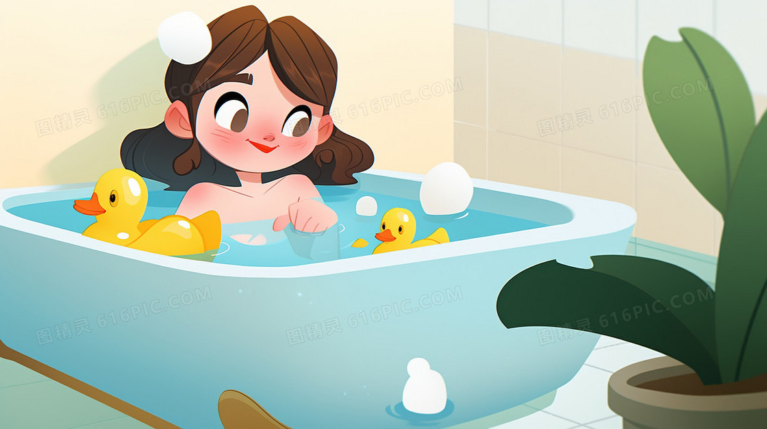 夏天可爱的小女孩在洗澡创意插画