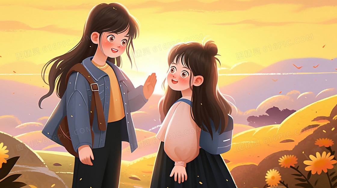 秋季霜降重阳登高旅行带着小孩的姐姐创意插画