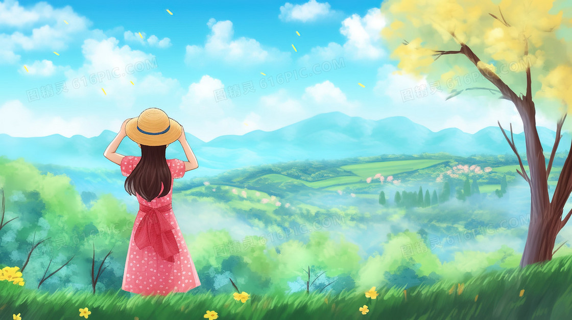 春天女孩外出看山野风景插画
