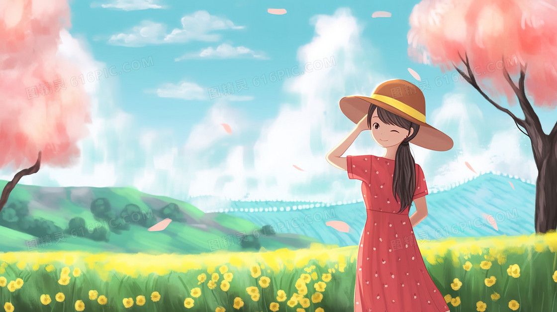 春天女孩外出看山野风景插画
