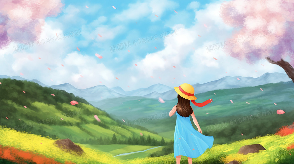 春天女孩外出看山野风景插画