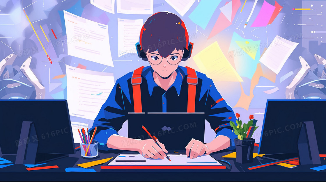 高中生努力学习迎接高考插画