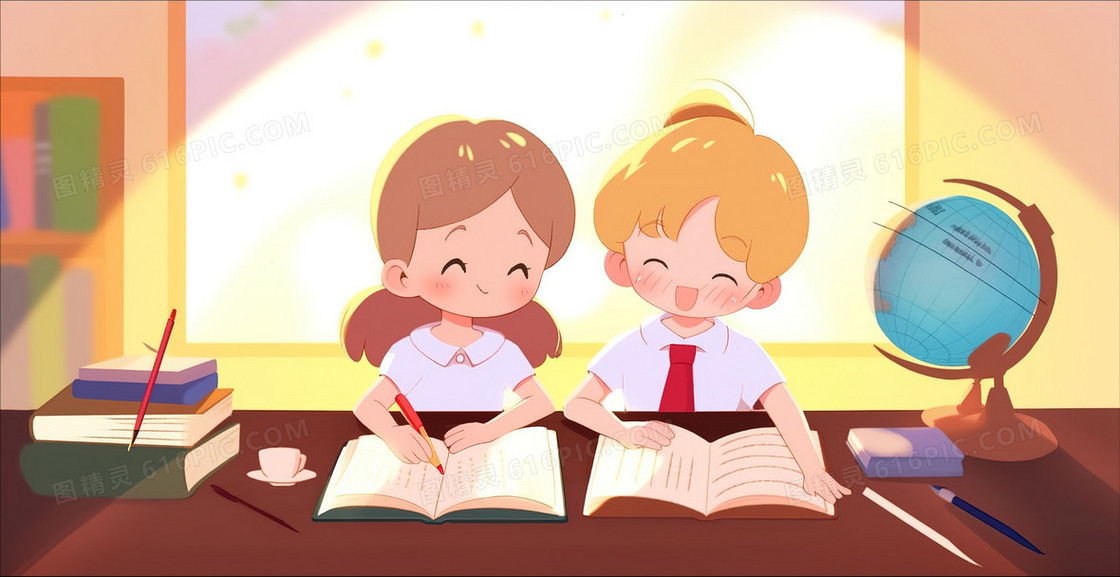 卡通认真学习的小学生创意插画