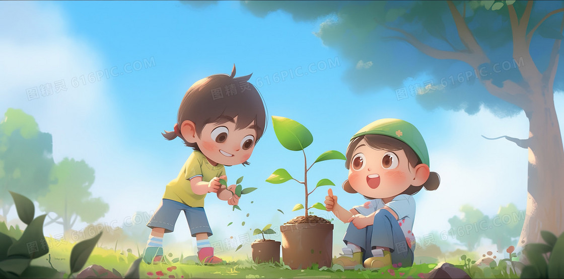 植树节孩子在草地上种树插画