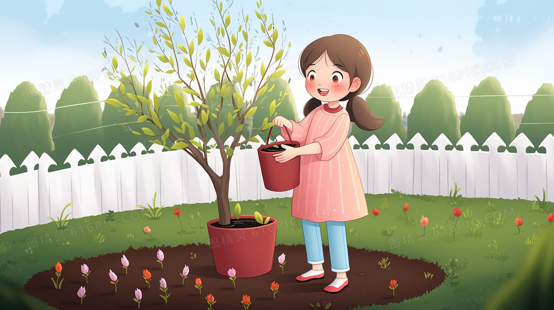 植树节小女生在庭院内给树木浇水插画