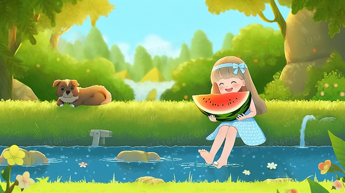 夏天小女孩与狗在水池里泡水吃西瓜避暑插画