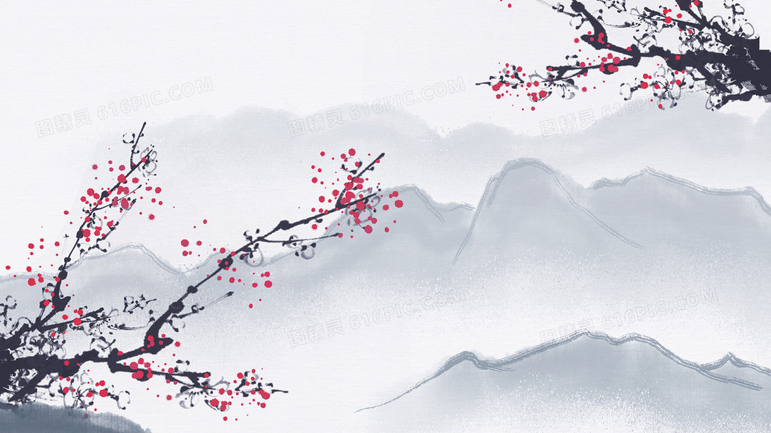 山水中国风腊月梅花唯美插画