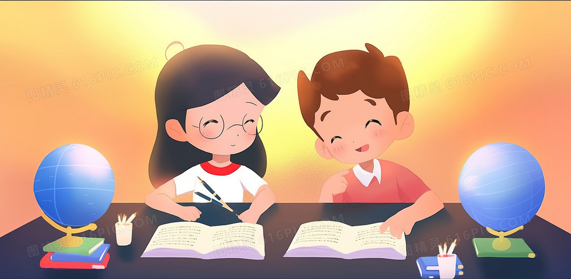 卡通认真学习的小学生创意插画