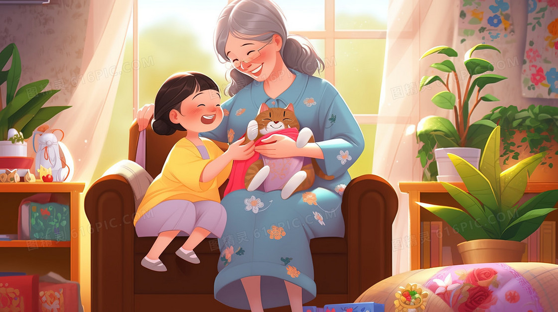 重阳节陪伴奶奶共享午后时光创意插画