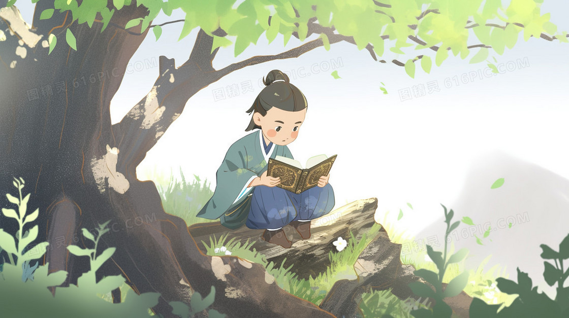 中国古人在树下看书插画