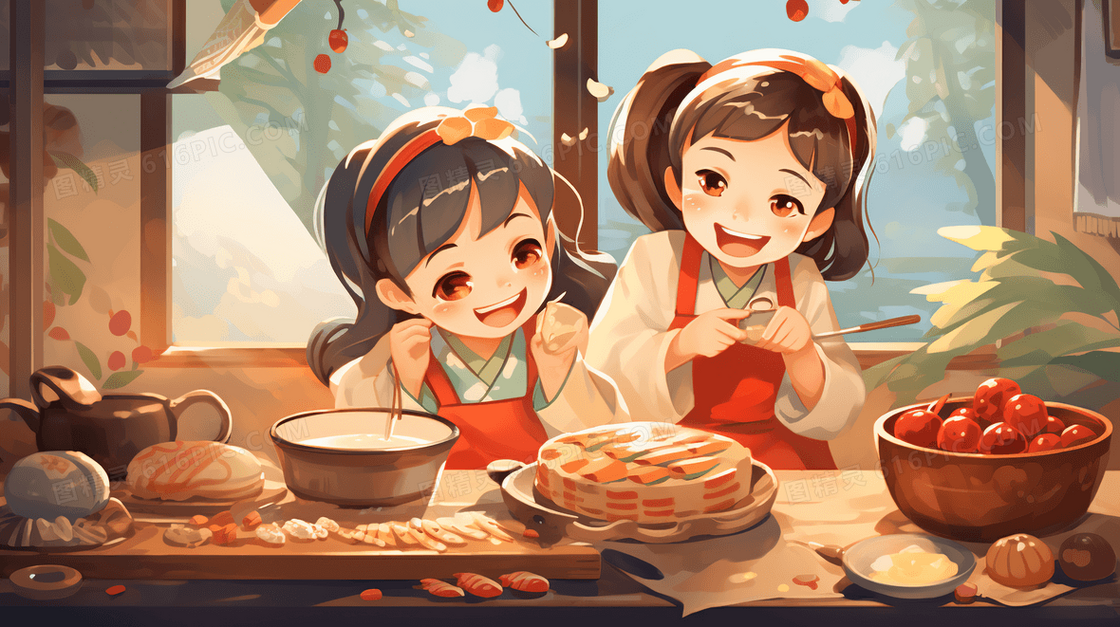 卡通人物做饭温馨场景插画