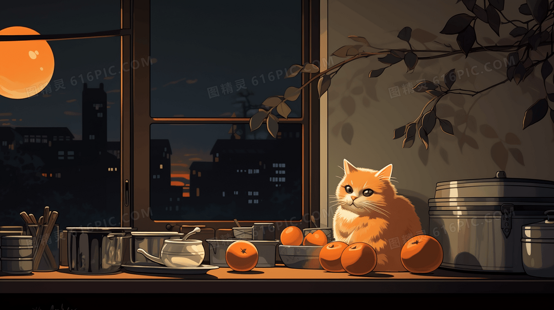 秋天猫咪室内窗外看风景唯美书桌场景插画