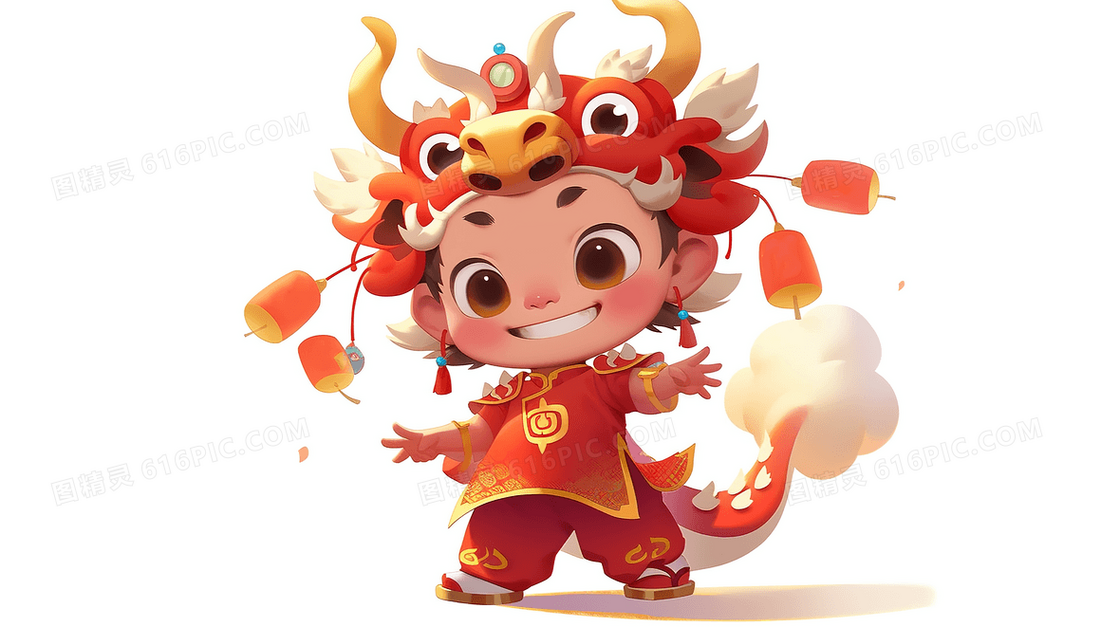 穿着可爱中国龙喜庆服装的可爱男孩卡通插画