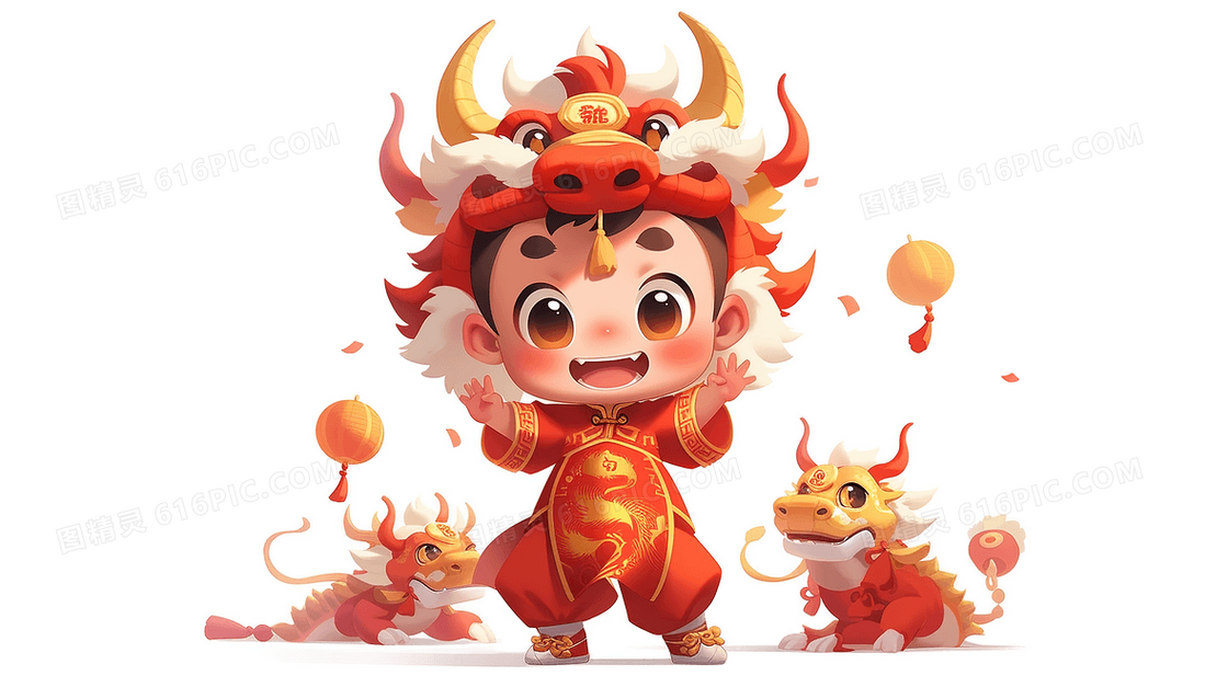 穿着可爱中国龙喜庆服装的可爱男孩卡通插画
