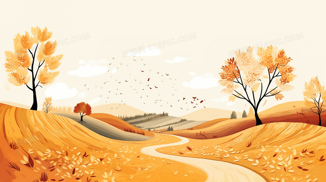 唯美金黄色树叶立秋节气插画
