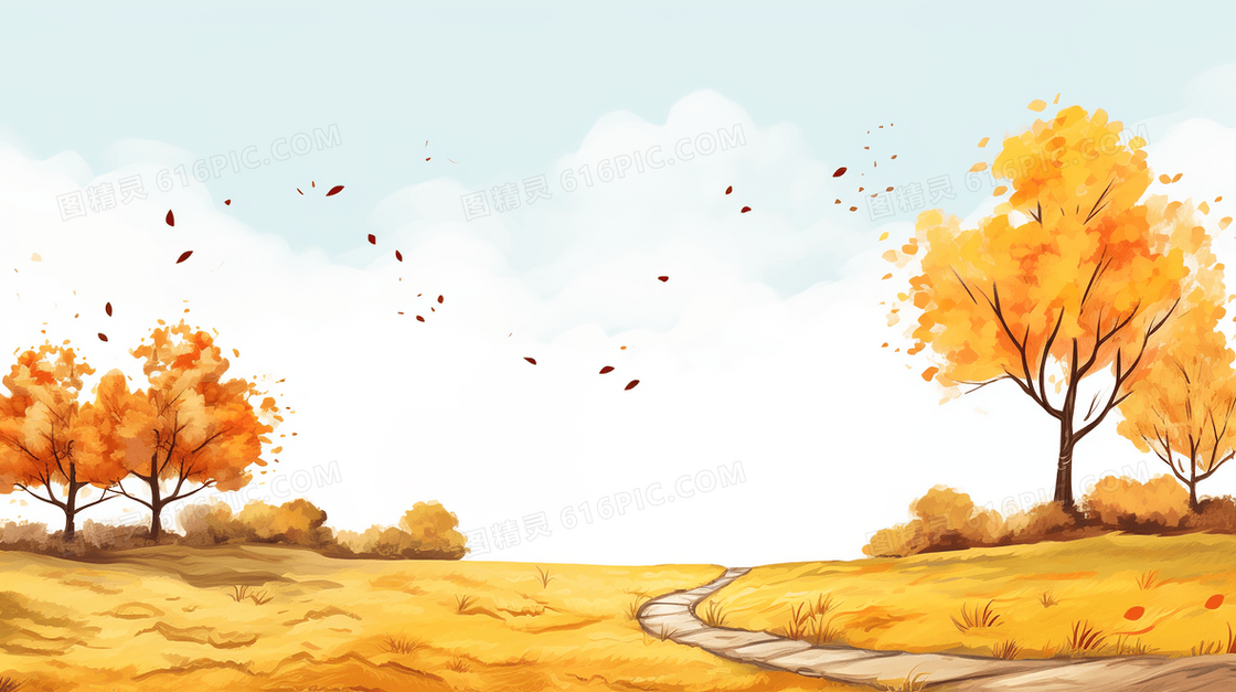 唯美金黄色树叶立秋节气插画