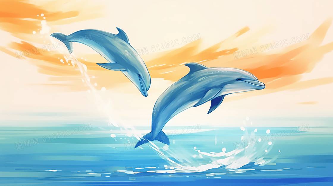 大海中跳跃的海豚插画