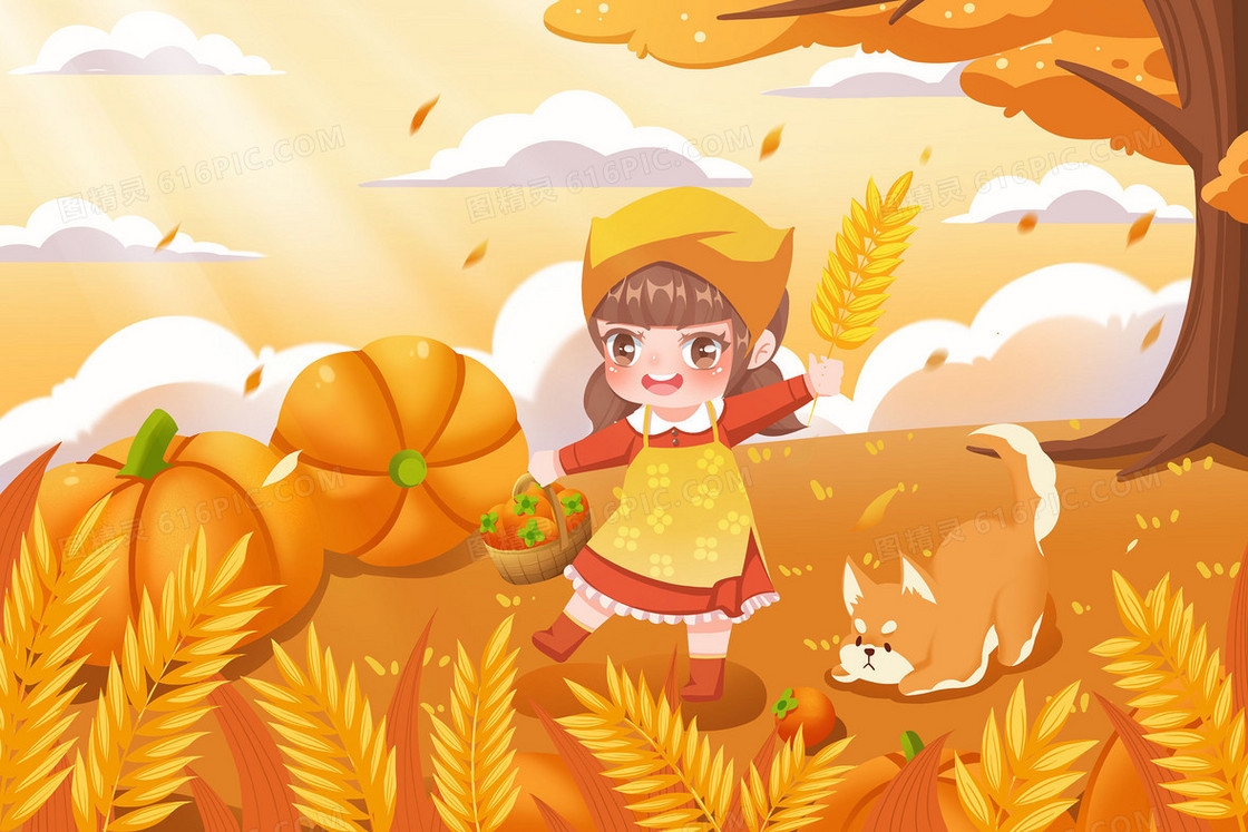 黄色秋天女孩拿着麦穗站在南瓜地里插画