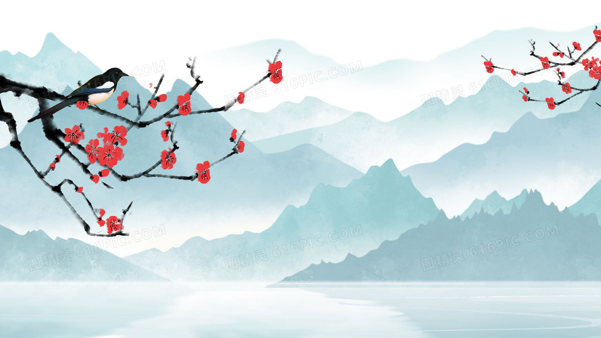 水墨梅花喜鹊风景手绘插画背景图片下载_4000x2250像素JPG格式_编号